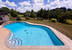 A landscaped swimming pool in a backyard