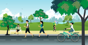 Vector image of people running, biking, and being active in a city park.