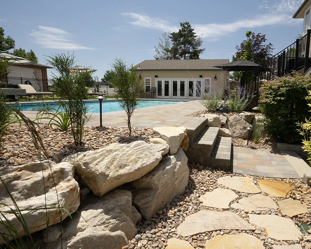 Backyard landscaping with pool, flagstone, patio