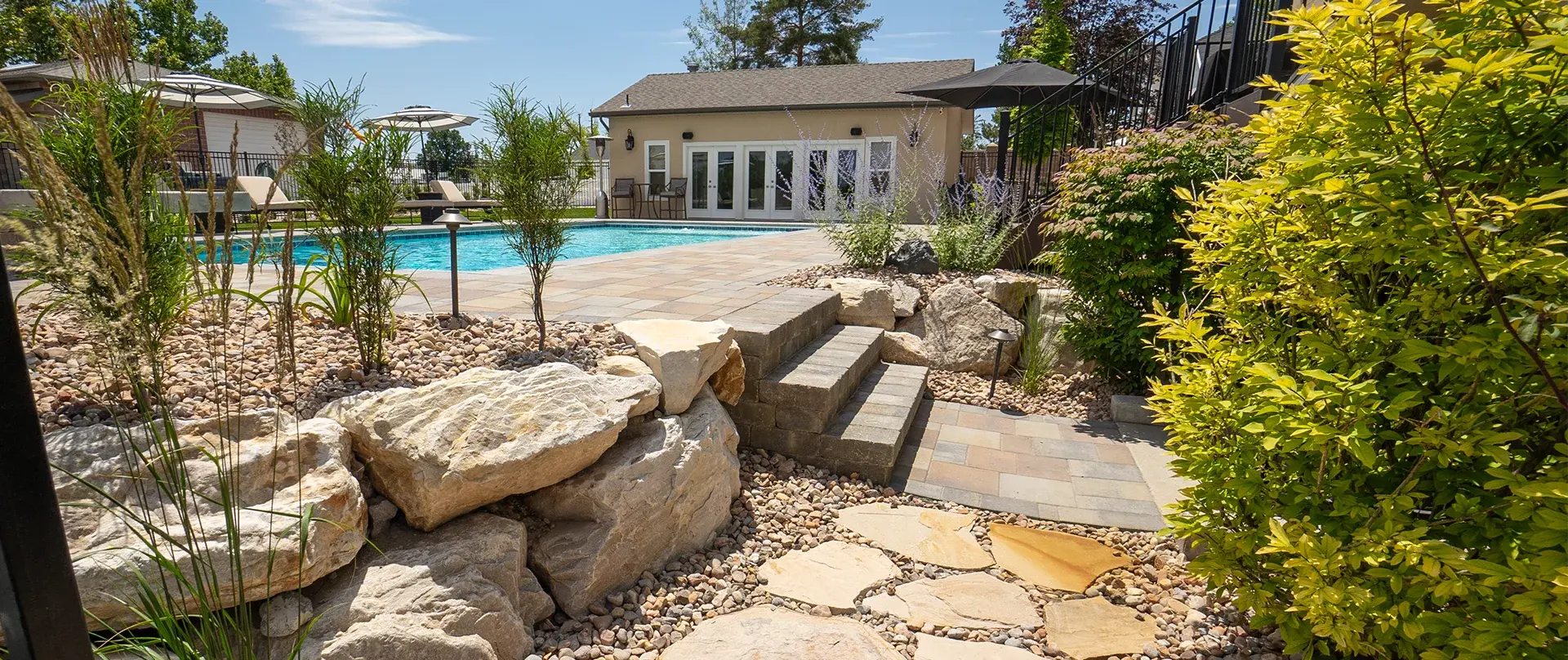 Landscaped backyard with a pool, pool house, and rock walkways