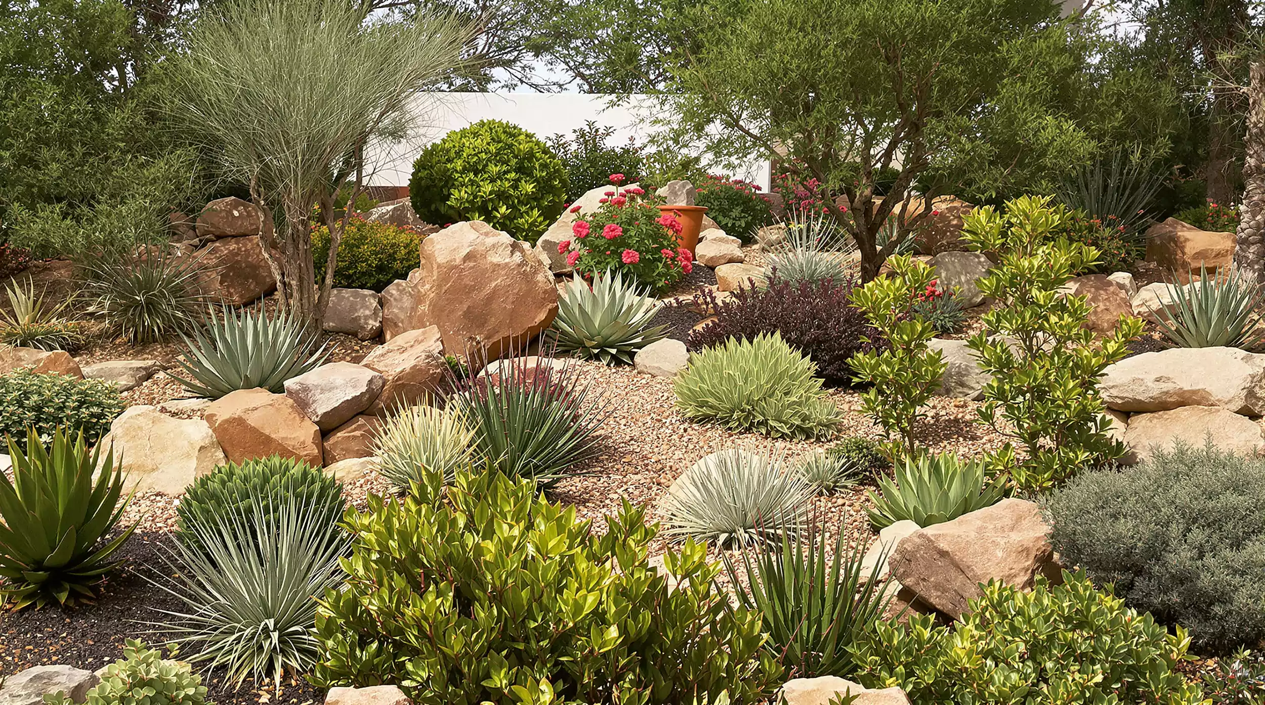 A xeriscaped garden thrives with diverse succulents, agaves, and drought-tolerant shrubs nestled amongst large, natural-colored rocks and gravel.