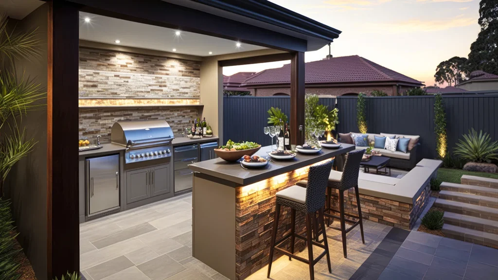 An outdoor entertainment area with a built-in barbecue and a bar setup