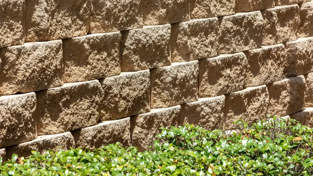 A Utah retaining wall made of pavers with grass growing at the foundation.