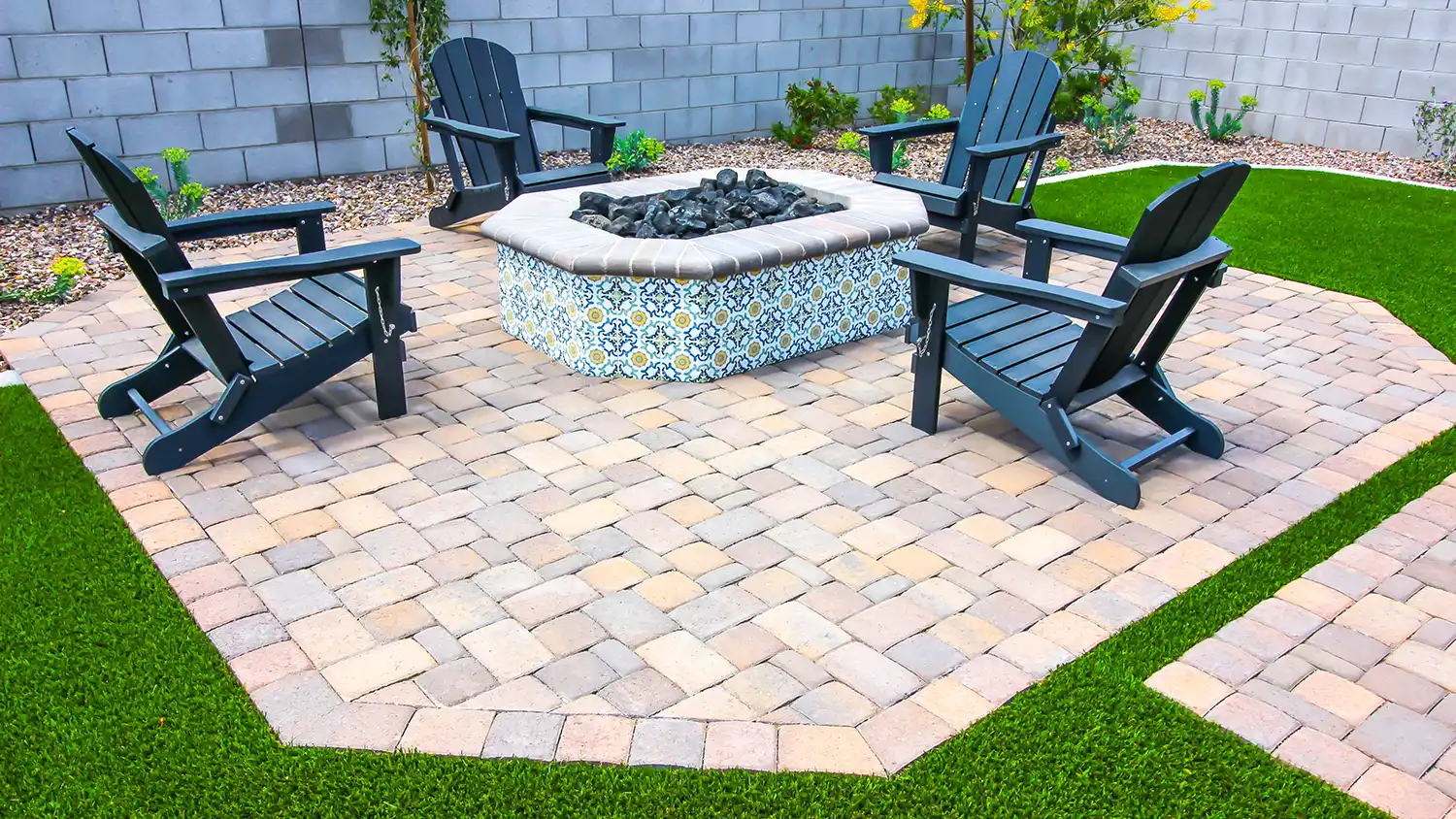 Back Yard Conversation Area With Fire Pit, Utah patio pavers, and seating