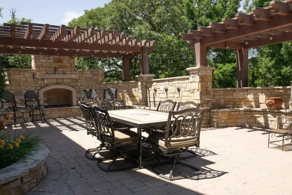 two beautiful pergolas over a paved walkway